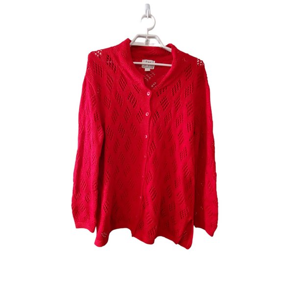 Hallet San Francisco cardigan sweater womens Large red pointelle Pima ha… - Picture 1 of 4